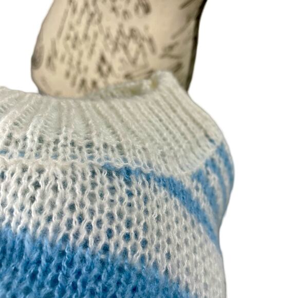 Vintage 1980s Blue & White Striped Handmade Knit Mockneck Sweater Oversized M/L - Picture 7 of 12